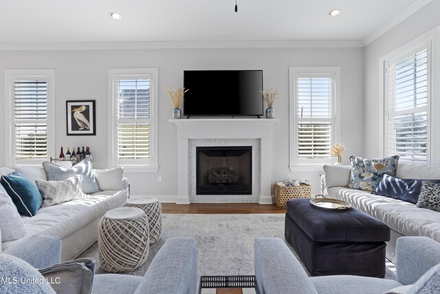 122 Aiken Rd, Waveland, MS 39576 - living room featuring baseboards, ornamental molding, recessed lighting, a fireplace, and wood finished floors