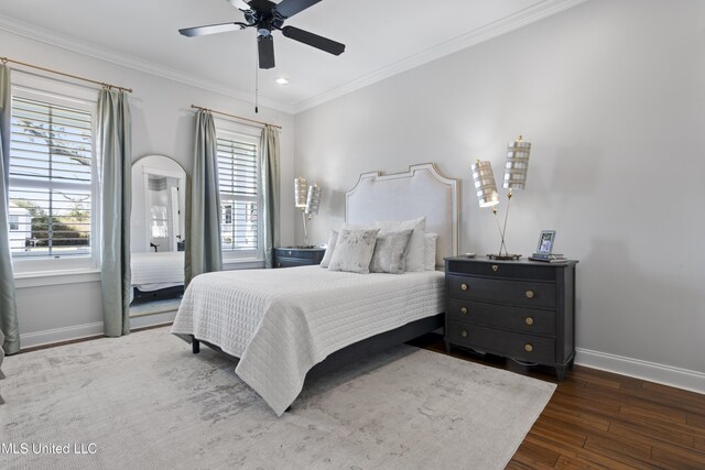 122 Aiken Rd, Waveland, MS 39576 - bedroom with ceiling fan, crown molding, baseboards, and wood finished floors