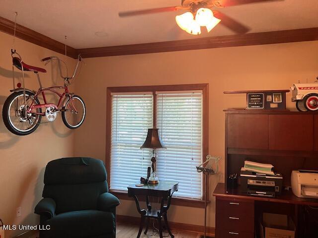 home office featuring ornamental molding and ceiling fan