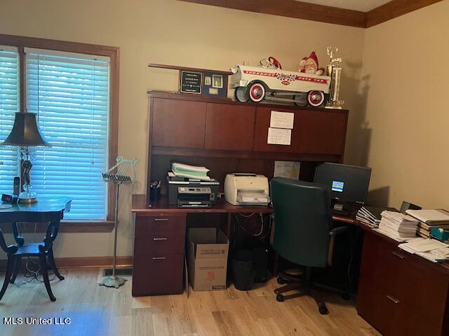 office area featuring crown molding and light wood-type flooring