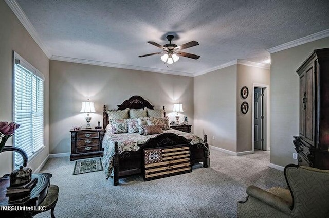 bedroom featuring ceiling fan, light carpet, a textured ceiling, and crown molding