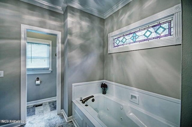 bathroom with crown molding and a tub to relax in