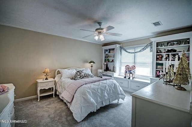 bedroom with light colored carpet, visible vents, and ornamental molding