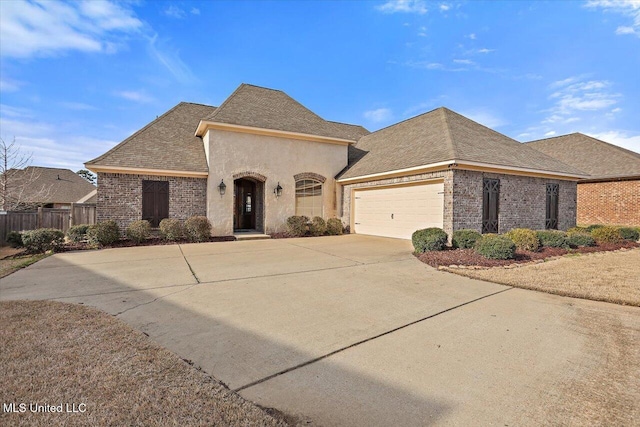 french country home featuring an attached garage, fence, concrete driveway, and brick siding