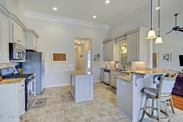 kitchen featuring stainless steel appliances, crown molding, a kitchen island, and a peninsula