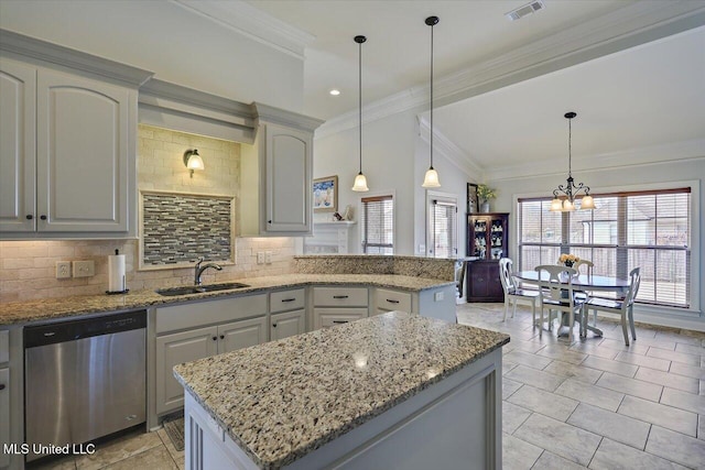 kitchen with a sink, visible vents, ornamental molding, dishwasher, and tasteful backsplash