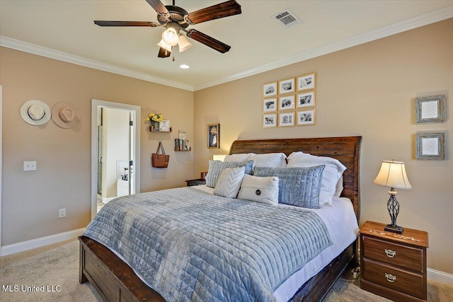 bedroom with carpet floors, baseboards, visible vents, and ornamental molding