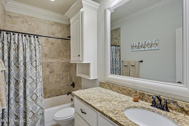 full bath featuring toilet, shower / tub combo with curtain, crown molding, and vanity