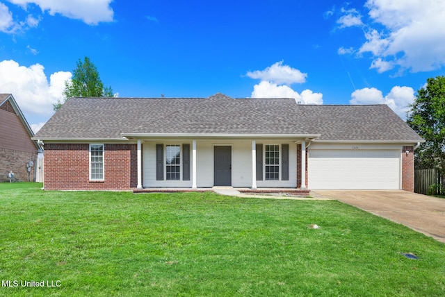 single story home with driveway, brick siding, a garage, a shingled roof, and a front lawn