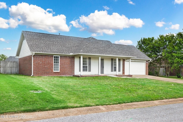 view of front of property with a porch, fence, a garage, and brick siding