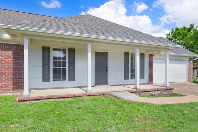 view of front of home with covered porch, brick siding, concrete driveway, a garage, and a shingled roof