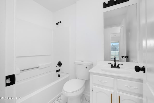 full bath with toilet, marble finish floor, vanity,  shower combination, and baseboards