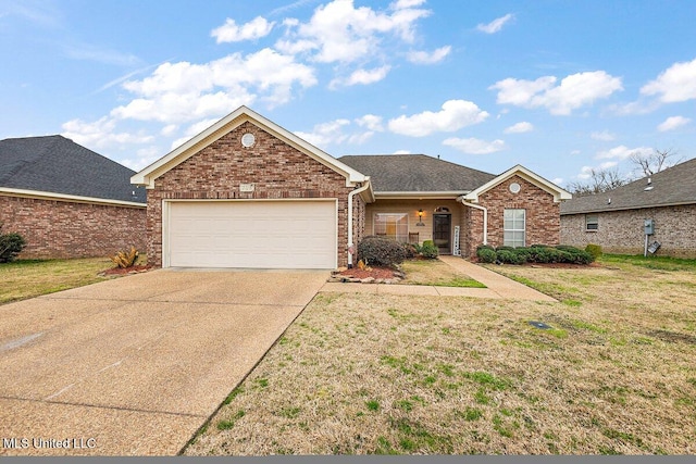 ranch-style house featuring a garage, driveway, a front yard, and brick siding