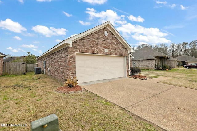 view of side of property featuring concrete driveway, fence, cooling unit, a yard, and brick siding