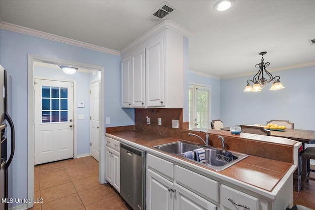 900 Redwood Cv, Byram, MS 39272 - kitchen featuring dishwasher, white cabinets, ornamental molding, a peninsula, and a chandelier
