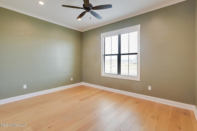 unfurnished room featuring recessed lighting, light wood-style floors, ornamental molding, a ceiling fan, and baseboards