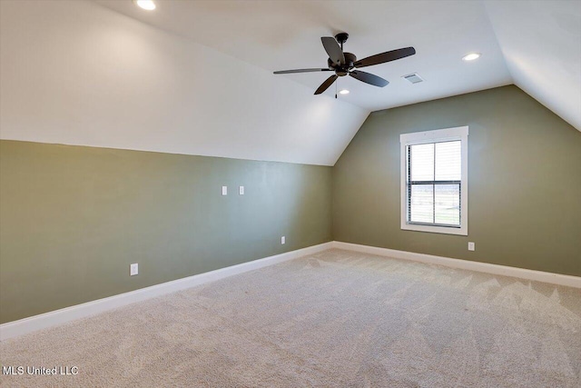 bonus room with visible vents, baseboards, vaulted ceiling, carpet flooring, and recessed lighting