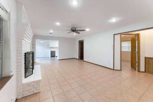 4 Briarwood Cir, Long Beach, MS 39560 - unfurnished living room featuring ceiling fan, a brick fireplace, and recessed lighting