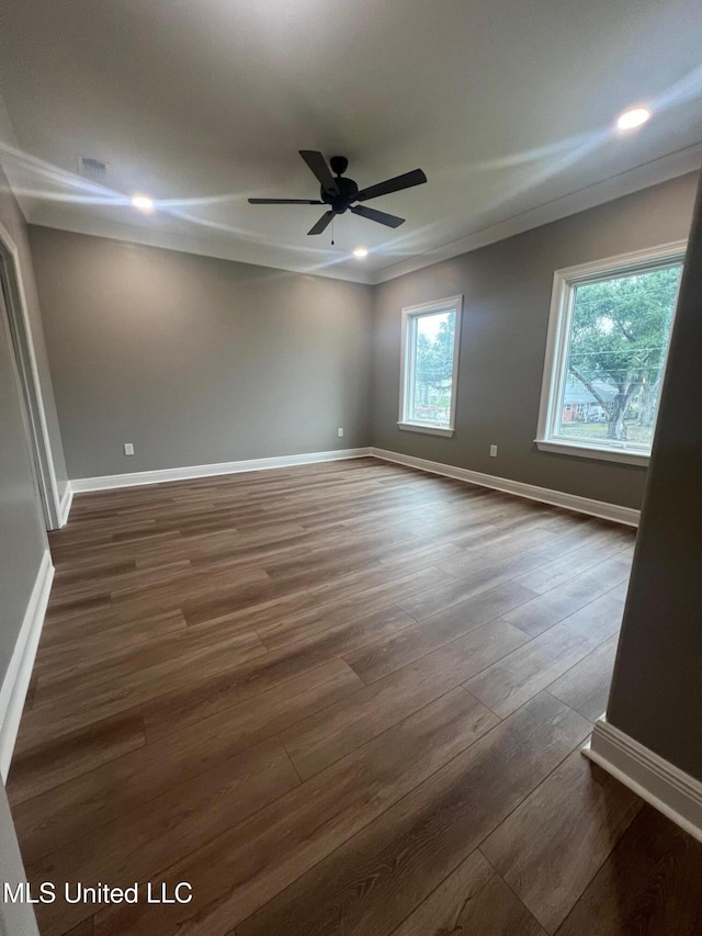 spare room featuring plenty of natural light, dark wood-type flooring, and ceiling fan