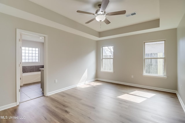 empty room featuring a raised ceiling, plenty of natural light, and light hardwood / wood-style floors