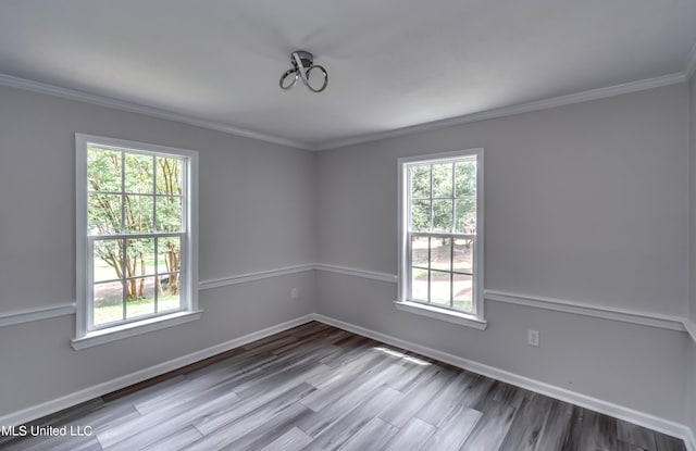 unfurnished room featuring a healthy amount of sunlight, wood-type flooring, and ornamental molding