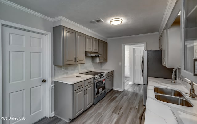 kitchen with light hardwood / wood-style flooring, crown molding, sink, and electric range