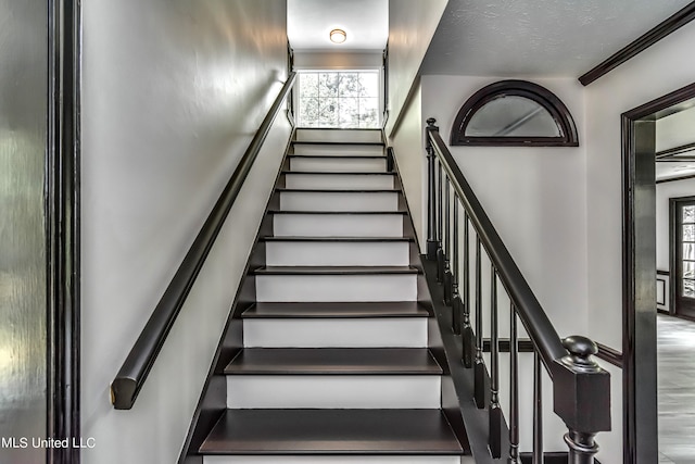 stairs with ornamental molding and hardwood / wood-style flooring