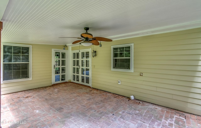 view of patio / terrace with french doors and ceiling fan