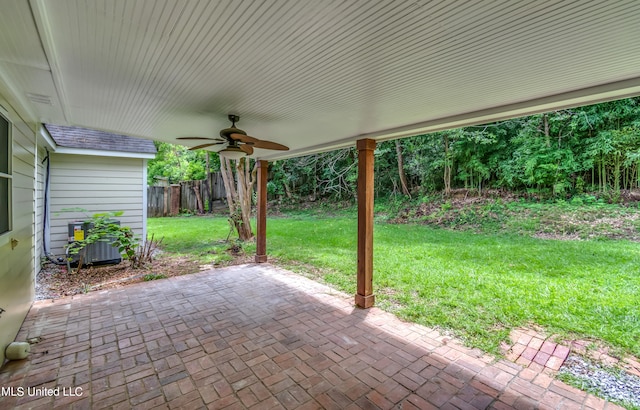 view of patio / terrace with ceiling fan and central AC unit