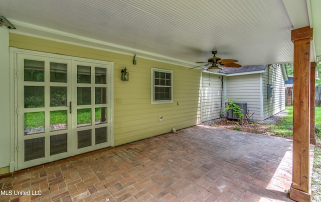 view of patio featuring central AC, french doors, and ceiling fan