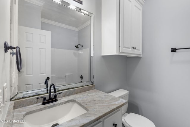 full bathroom featuring toilet, walk in shower, crown molding, and vanity