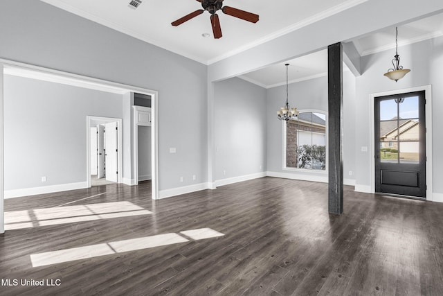 foyer entrance with baseboards, dark wood finished floors, and crown molding