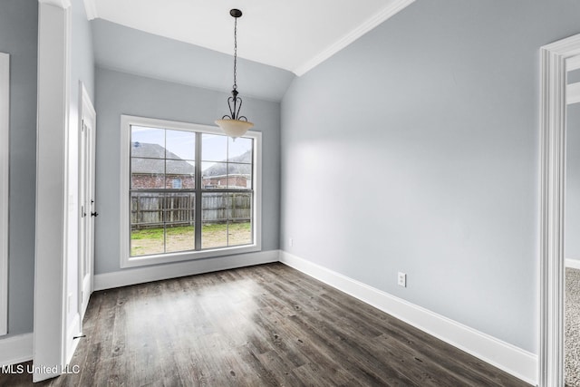 unfurnished dining area with baseboards, vaulted ceiling, and dark wood-style flooring