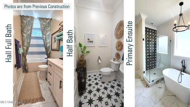 220 W Ave, Long Beach, MS 39560 - full bath with toilet, a freestanding tub, vanity, a shower stall, and ornamental molding