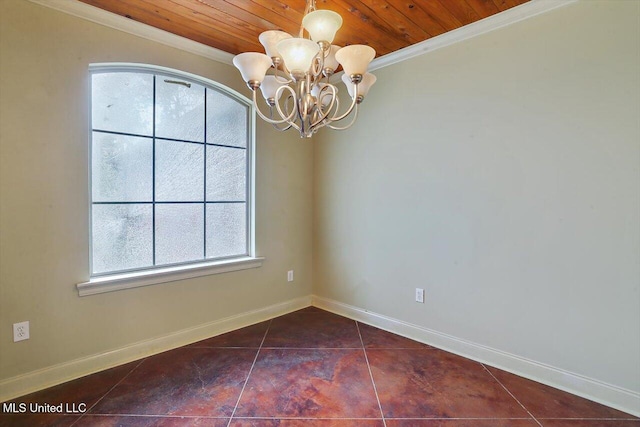 tiled spare room with a chandelier, crown molding, and wooden ceiling