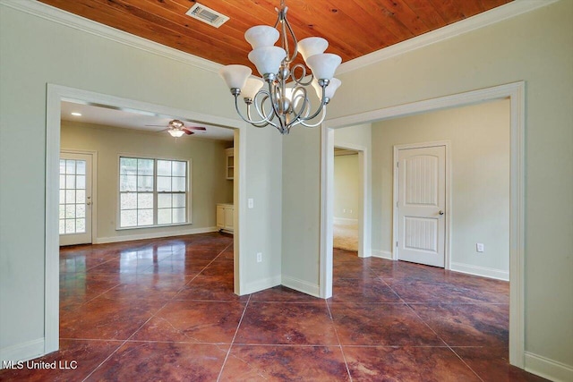 unfurnished dining area with crown molding, dark tile patterned floors, wooden ceiling, and ceiling fan with notable chandelier