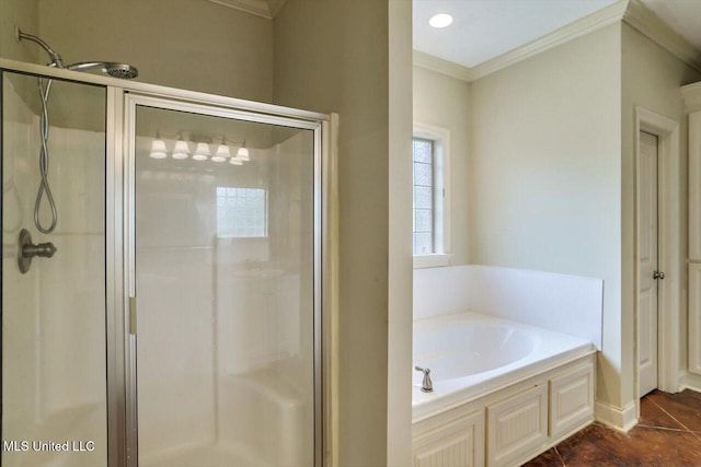 bathroom with tile patterned flooring, independent shower and bath, and crown molding