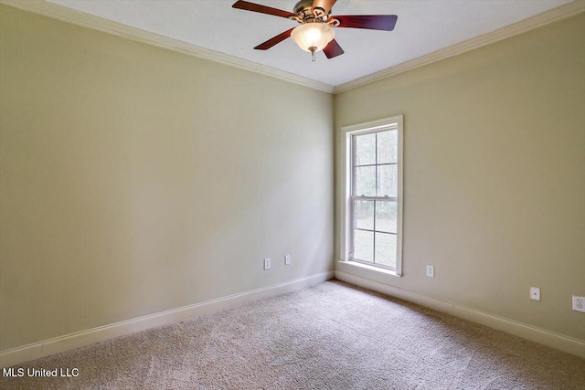 spare room featuring crown molding, carpet floors, and ceiling fan