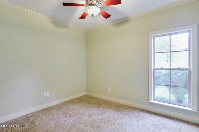 carpeted empty room featuring ornamental molding and ceiling fan