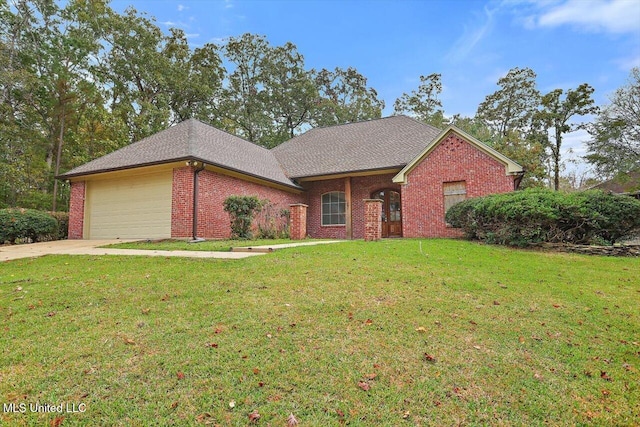 ranch-style house featuring a front yard and a garage