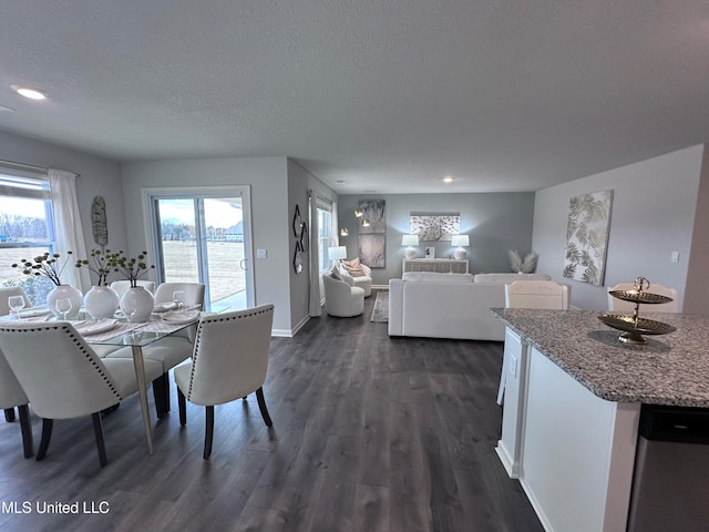 dining room featuring a textured ceiling, dark hardwood / wood-style floors, and a healthy amount of sunlight