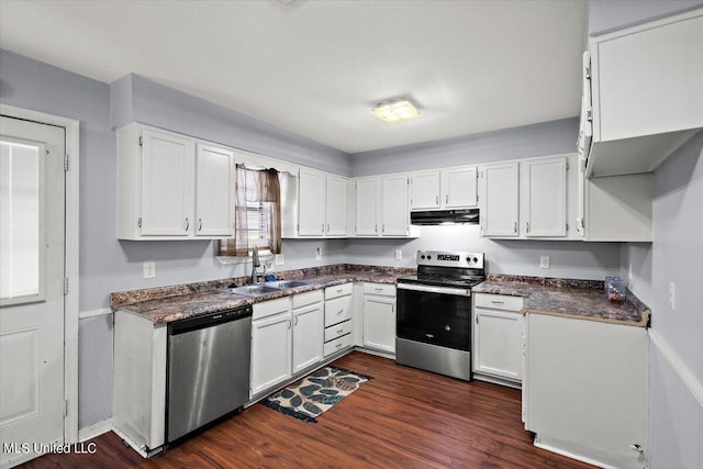 kitchen with white cabinetry, stainless steel appliances, sink, and dark hardwood / wood-style floors