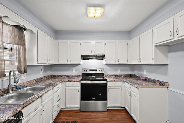 kitchen featuring dark hardwood / wood-style flooring, sink, white cabinets, and electric stove