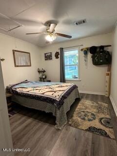 bedroom featuring wood-type flooring and ceiling fan