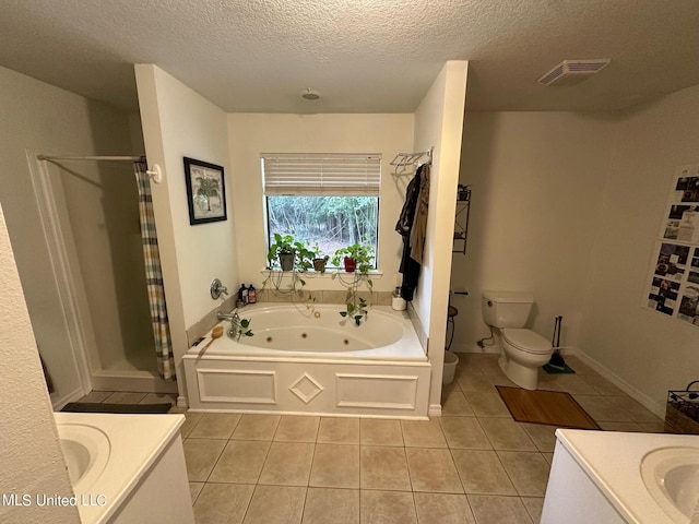 full bathroom featuring tile patterned flooring, vanity, a textured ceiling, and plus walk in shower