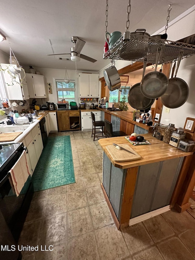 kitchen with white cabinets, ceiling fan, dishwasher, and butcher block counters