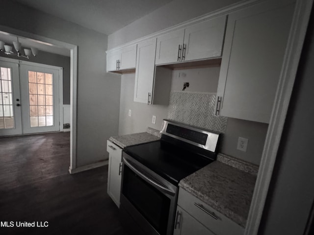 111B N Bent Creek Cir, Brandon, MS 39047 - kitchen featuring stainless steel electric range oven, dark wood finished floors, french doors, light stone countertops, and white cabinets