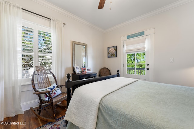 bedroom featuring wood finished floors, multiple windows, crown molding, access to outside, and ceiling fan