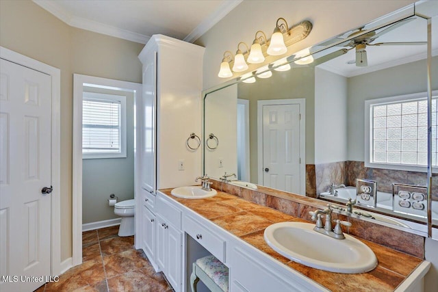 full bathroom featuring toilet, a wealth of natural light, crown molding, and a sink