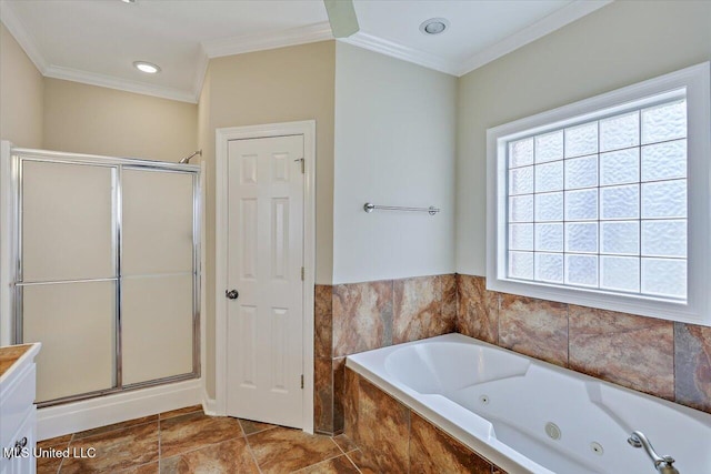 full bathroom with a whirlpool tub, a shower stall, and crown molding